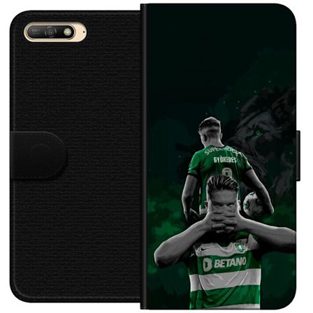 Yhteensopiva Lompakkokotelo Huawei Y6 (2018) Neonmotiivi, jossa teksti "Gaming is in my DNA" sinisenä ja punaisena tiiliseinällä, jossa loistava DNA-s