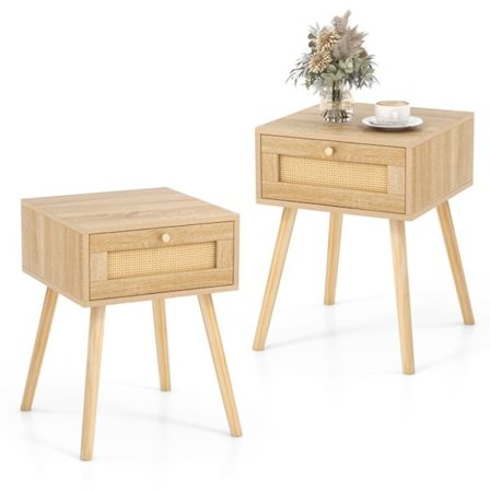 Sæt med 2 COSTWAY sengebord - Rattan dekoration - Skuffe med håndtag - Træ sidebord med fyrretræsben - Naturlig stil