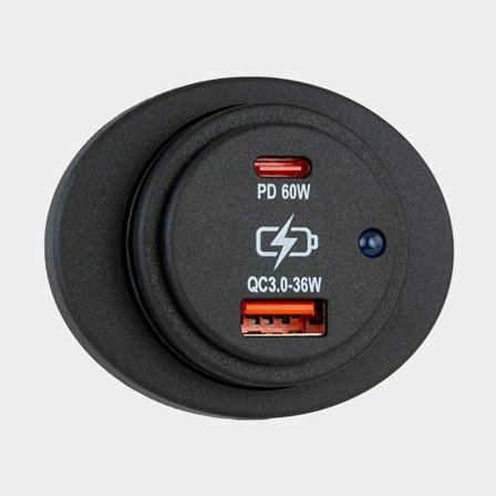 Presa USB Sutars, esterna, nera, ovale, 12 / V 24 V, 36 W / 60 W, 2.1 A, USB-A + USB-C, con coperchio