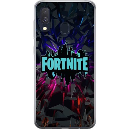 Kompatibelt Mobildeksel til Samsung Samsung Galaxy A40 Fortnite-logo - Svart bakgrunn med blå neon og fargede lys