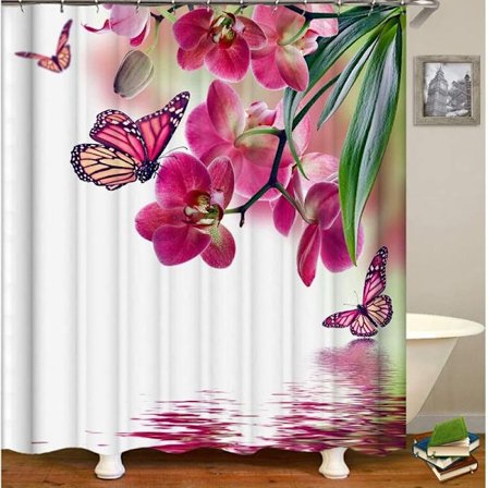 Polyester bruseforhæng blomster og sommerfugle bruseforhæng hvidt pink badeforhæng 90
