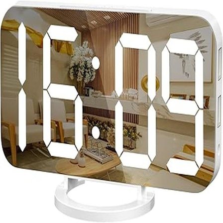 Digitalt vækkeur, stort spejlende LED-display, med USB-opladning