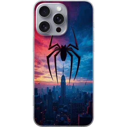 Yhteensopiva Puhelinkuori Apple Apple iPhone 16 Pro Max Tyylikäs hämähäkki kaupungin horisontin yläpuolella dramaattisessa auringonlaskussa, graa