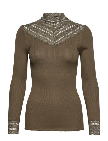 Silk T-Shirt Regular Ls W/Wide Lace Brown Rosemunde