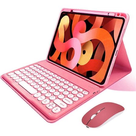 iPad 10. generation 2022 tastaturcover med mus, søde runde taster, aftageligt Bluetooth-tastatur, slankt smart cover med penholder (mørk pink)