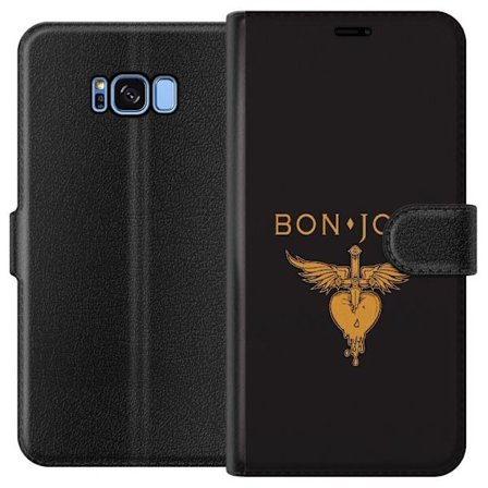 Kompatibelt Plånboksfodral till Samsung Galaxy S8 Ikonisk musikillustration med bevingat hjärta och dolk i guldtoner på mörk bakgrund, kraftfull o