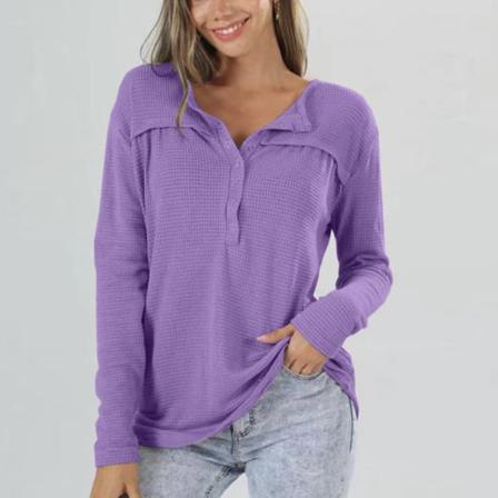 Damer Button Down Tunika Blus Waffle Pullover