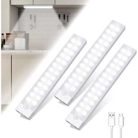 Kaapin alle keittiön valot, 3 pakkausta 500mAh 26 LED liiketunnistimen himmennettävät kaapin valot, 6000K USB ladattava yövalo magneettiraidalla (30cm