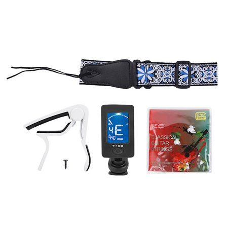 Klassisk gitar C102 streng+T-100 tuner+hvit sinklegering capo+blå brodert gitarreim sett