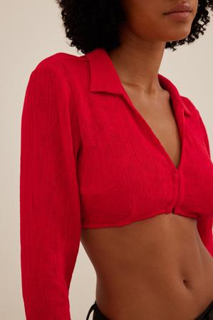 NA-KD Cropped Long Sleeve Blouse - Tops manches longues - Rouge - EU 40