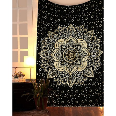 Tapet Mandala, Boho Väggdekor, Svart Guld Estetisk Rumsinredning, Väggduk Psykedelisk Väggbonad 150×130 cm C