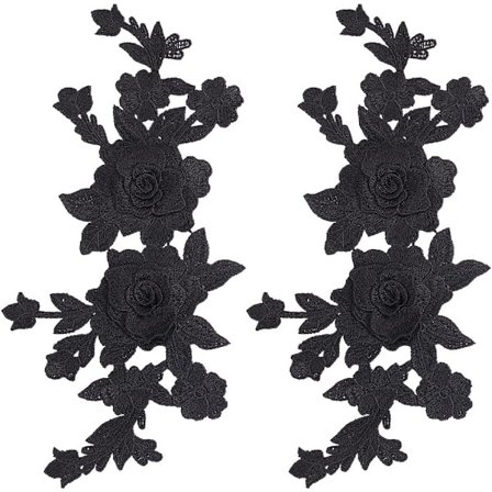 Svarte 2 STK Broderte Blomsterapplikasjoner Boho Love Vintage Rose Sy på Merker Retro Blomsterpar Polyester Ornament for Bryllupskjole Hatt Veske 