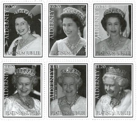 Alderney - Dronning Elizabeths 70 års regentjubilæum - Postfrisk sæt á 6 sort/hvid frimærker med sølvdeko.Oplag 5000 stk.