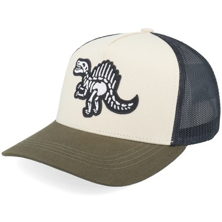 Kiddo Cap - Grön trucker Keps - Kids Spinosaurus Skeleton Ivory/Black/Dark Mesh A-Frame Trucker @ Hatstore