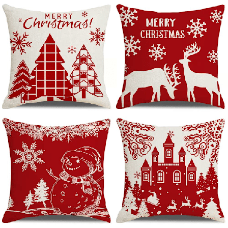 Julepuderbetræk Sæt af 4 Vinterjulepuderbetræk Elg Slot Snemand Mønster Dekoration til Sofa Soveværelse Hjem 45 x 45 cm