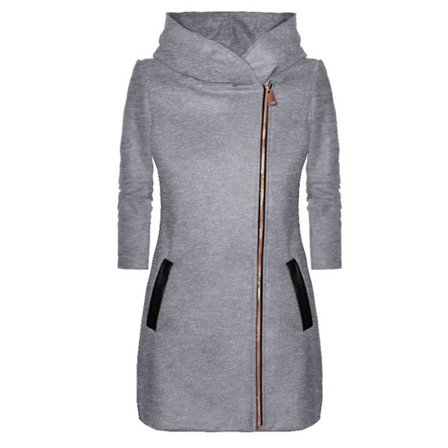 Naisten talvitakki hupulla, taskuilla ja sivuvetoketjulla, puolipitkä