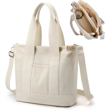 Canvas Håndveske, Tøyveske Dame, Skulderveske Dame, Canvas Tøyveske Skulderveske Shopper med Glidelås for Hverdag, Skole, Shopping, Arbeid, Reise Hvit