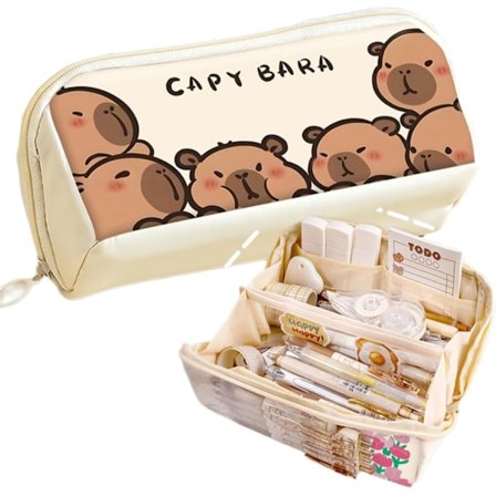 Pencil Pouch Multi-Layer Stor Kapacitet Capybara Print Særpræget Sjov Sød (Beige-2)