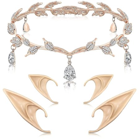 Rhinestone Leaf Wedding Tiara Crown Headband Cosplay Fairy Pixie Elf Ears For Brides Pageants Wedding Prom (rose Gold)