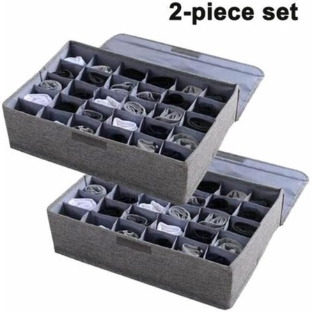 2 stk Undertøy og Sokker Oppbevaringsboks med Lopp Foldbar Skap Skuffedeler 30 Cellers, Bomullslin Oppbevaringsboks for U