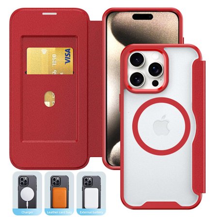 Etui til iPhone 14Pro Rød [Magnetisk Type] Xunjia Magnetisk Flip Kortholder