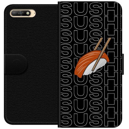 Kompatibel Tegnebogsetui til Huawei Huawei Y6 (2018) Sushi typografi plakat med sushistykker og spisepinde modern grafisk design på sort baggrund per