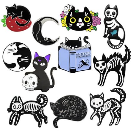 Cat Paradise Enamel Pin Moon Strawberry Hug Reading Book Skeleton Flowers Spotted Cat Animal Logo Punk Lapel Brooch Jewellery