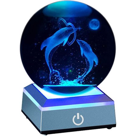 3D Delfin Krystal Kugle 80mm 3.15" Lasergraveret Natlys Marsvin Model