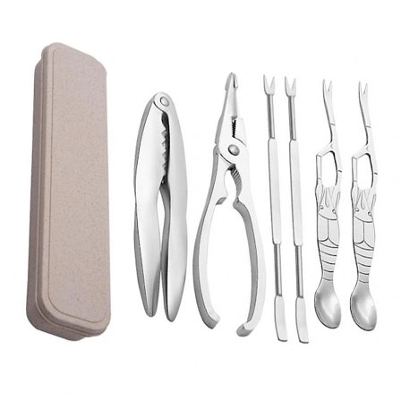 {PL}1 setti/6 kpl ruostumattomasta teräksestä valmistettuja rapupihtejä, rapuruuvityökaluja, äyriäistyökaluja kotelolla 17,8 x 3 x 1 cm