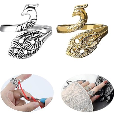 2 kpl säädettävää neulontarenkaita, Peacock-muotoinen avoin sormus, langankuljetin neulontarenkaat neulontapeukalolle