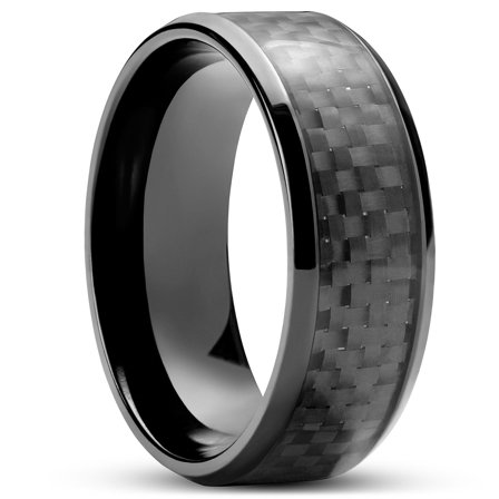 Panther | 8 mm Anillo de acero inoxidable negro con incrustación de fibra de carbono para hombres - Anillos de acero