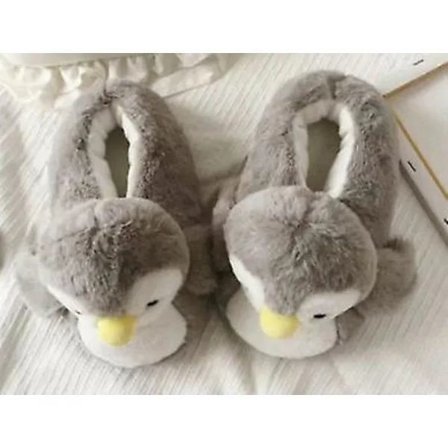 Vintervarma Tecknade Små Pingvin Bomullstofflor Set med Halkfria Ulltofflor med Tjock Sula för Inomhusbruk Grå