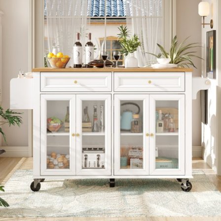 Køkkentrolley med træstruktur, mobil serveringsvogn med glaslåger og hjul, stor opbevaringsplads, alsidig, hvid