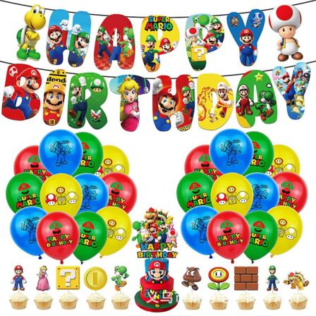 Super Mario syntymäpäiväjuhlan koristetarvikkeet Ilmapallot Sarja Viirit Banneri Kakku Cupcake Topperit Setti