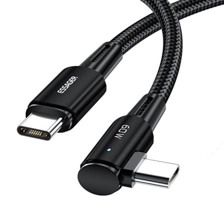 ESSAGER 2m 60W PD USB-C - USB-C Vinklad Laddningskabel Svart