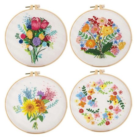 4 Set DIY Broderikit för Nybörjare Vuxna, Handsömnadsbroderikit Inkluderar Blomma, Båge, Färgtrådar, Verktyg