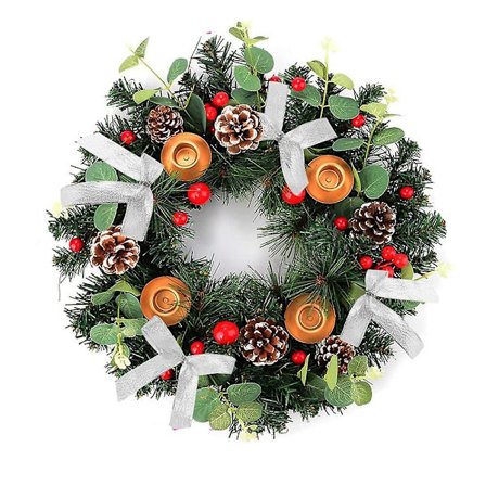 Julekrans 12 tommer med lysestaker - Kunstig julekrans med bånd