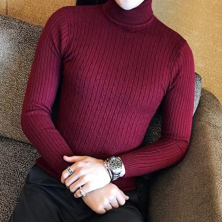 2023 Koreansk Slim Solid Farve Turtleneck Trøje Mænd Vinter Langærmet Varm Strik Klassisk Solid Casual Bundtrøje Skjorte Red wine Asian Size 3XL