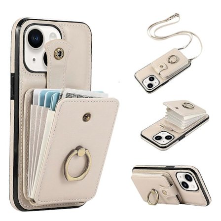 For iPhone 15 Deksel Kortholder Ringstativ TPU+PU Lær Telefondeksel med Lang Rem [DB] Flerfarget Beige Flerfarget