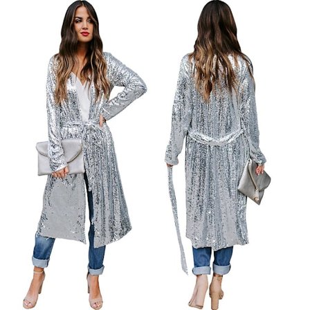 Dame Sequin Jakke Åben Front Blazer Casual Langærmet Frakke-XXL