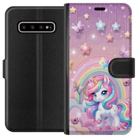 Kompatibel Tegnebogsetui til Samsung Galaxy S10+ Magisk enhjørning med regnbue manke, stjerner og sommerfugle mod en pastelfarvet himmel med skyer