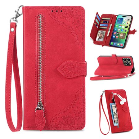 Etui til iPhone 13 rød lynlås pung med kortholder flip