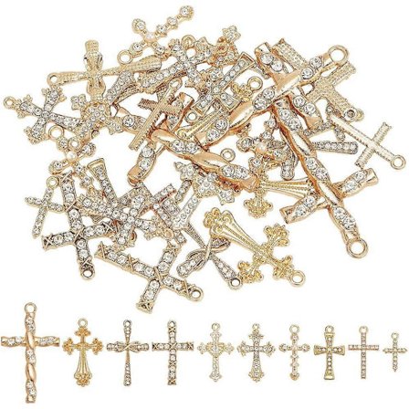 30 st Korsberlocker med Strassstenar, 10 Stilar, Mikro-Pave, Korsberlocker, Koppling med Imitations-Pärla & Hjärta & Rosett, Hängande Berlock för 