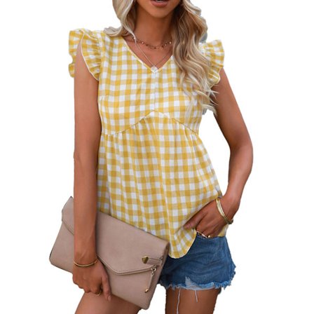 Linnetryckt Dame Volang V-hals Casual Ermeløs Bluse Sommer Gul XL