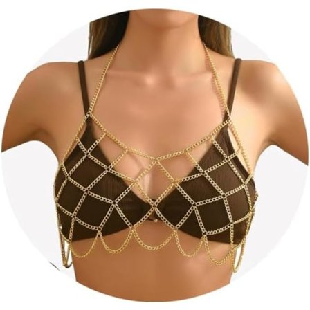 y Metallnett Dusk Brystkjede Sommer Bikini Tank Top Kjede BH Smykker Festival Rave Undertøy Kjede Smykker for Kvinner Gull