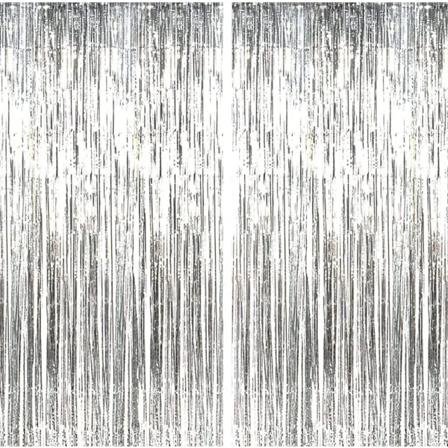 2 stk. sølv 1*2,5m rosaguld metallisk tinsel gardin, folie frynser gardiner, baggrund til festfotos, fødselsdagsdekoration