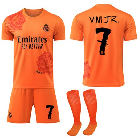 2024 Real Madrid Y3 Co-Branded Special Edition Rose Pattern Fotbollströja Orange Barnfotbollsutrustning