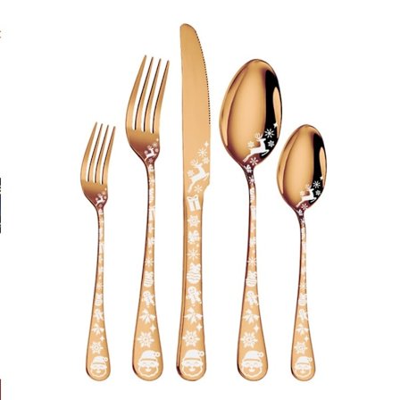 5-delt julebestikksett i rustfritt stål, bestikksett med julesnøfnugg og hjortemønster, kjøkkenredskaper, roségull