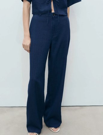 Mango High-Waisted Denim Flowy Trousers - Blue - 32
