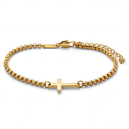 New Classics | 3 mm goudkleurige roestvrijstalen afgeronde box chain armband met kruis voor mannen - Armbanden met kruis